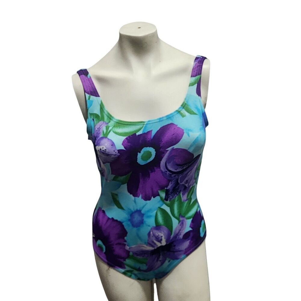 Speedo One Piece Swimsuit Womens 8 Blue Purple Floral Scoop Back Swimwear